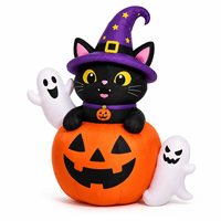Chat noir gonflable d'Halloween sur citrouille Jack O'Lantern avec chapeau de sorcière et fantômes, décoration pour jardin extérieur, pelouse, fête de fin d'année