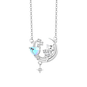 Collar de Plata de Ley S925 con Luna Creciente, Gatito, Corazón de Cristal Aurora, Joyería Estética Fairycore, Regalo para Adolescentes y Mujeres Jóvenes - Product Image 1