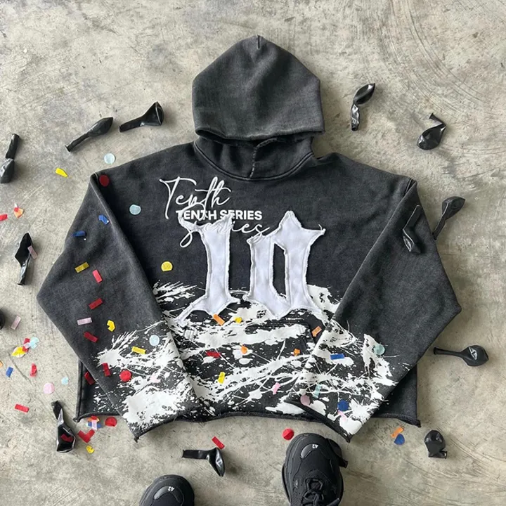 Produsen khusus hoodie bordir 3d patch tertekan hoodie cetak potong dan menjahit pria dipotong batu asam dicuci hoodie