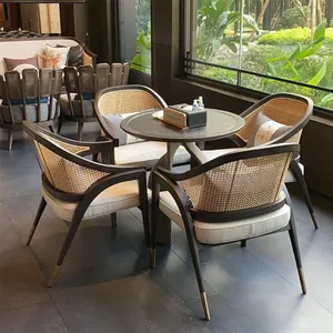 आधुनिक लक्जरी रेस्तरां लिविंग रूम फर्नीचर रतन बैकरेस्ट लकड़ी की डाइनिंग लाउंज कुर्सी