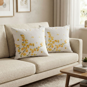 Fundas de Sofá Cuadradas de Lino Blanco con Bordado de Flores Amarillas, Bonitas Fundas de Almohada Bordadas, Cojín de Asiento Bordado - Product Image 2