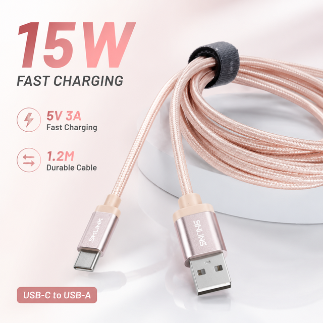 USB C to USB 2.0 1.2m 5V 3A 15W Fast Charge Cable with Nylon Fabric Metal Tip Rose Gold Jacket for IPhone/Computer & Power Bank
