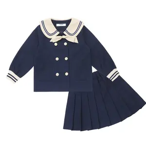 RG-Royal blue girls pleated skirt and trousers with tops 2 pcs sets logo embroidery school uniform kids for autumn