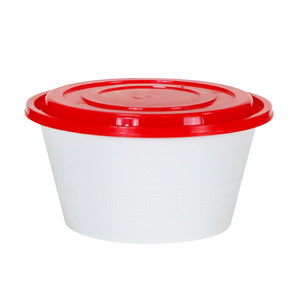 Disposable <b>Lunch</b> Box Round Bowl White Base Red Lid Thickened PP Plastic With Lid Microwave Safe - Product Image 1
