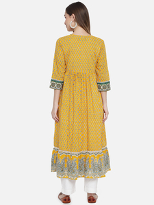 Vestido Maxi de Algodón Boho Amarillo con Estampado a Mano y Bordado, con Dobladillo Acampanado, Manga Tres Cuartos, Corte Holgado, Vestido Casual de Verano - Product Image 6
