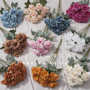 Bouquets de roses artificielles Yixuan à 9 têtes, fleurs en soie pour décorations de table de mariage, commerce extérieur - Product Image 1