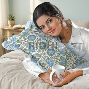 Housse de coussin lombaire RIDHI 12x20 style occidental, motif floral bleu-vert, imprimée au bloc, en coton, avec fermeture éclair amovible - Product Image 3