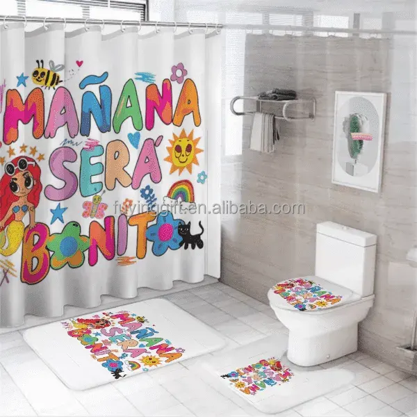 No MOQ Manana Sera Bonito Printed Shower Curtain Set Simple Bath Products Bathroom Decor with Hooks Anti-slip Bathing Mats Rugs