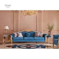 Tissu et cuir bleu Royal, ensemble de canapé décoratives de luxe avec incrustation en bois sculpté, style Art moderne, haut de gamme, pour le salon français