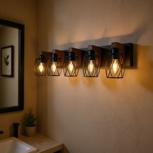 Aplique de Pared Industrial Vintage de 7 Luces, Negro, con Detalles en Madera de Nogal, Bombilla E26 No Incluida, para Baño, Pasillo, Sala de Estar - Product Image 2