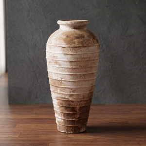 Rustic Striped Ceramic Terracotta Floor <b>Vase</b> Tall White Clay Body with Antique Mediterranean Design Customizable Size & Color - Product Image 3