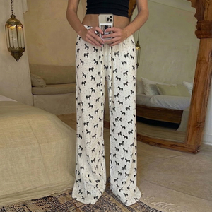 Animal Print Knit Pants <b>Drawstring</b> Waist Loose Fit Straight Leg <b>Trousers</b> Women Casual Sporty Lounge Homewear Long Pants - Product Image 4