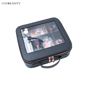 Custom Travel Makeup Case PU Leather Organizer washable clear transparent PVC luxury cosmetic bag case with DIY compartment