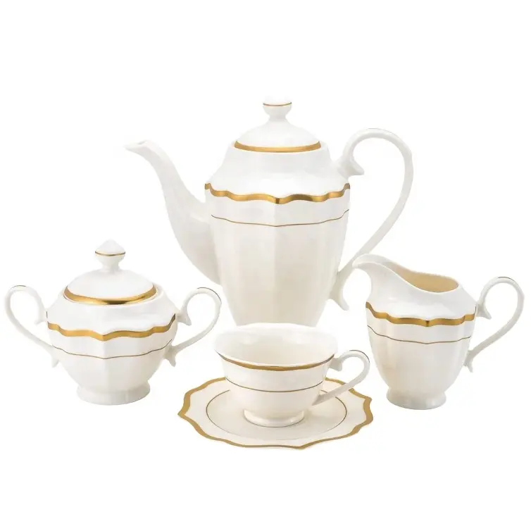 Elegant coffee ware 15 pieces Gold Rim new bone China coffee 6 cups saucers tea pot blue marble ceramic tea set
