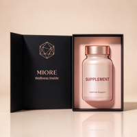 Boîte cadeau personnalisée pour flacons de compléments vitaminiques. Comprend un logo en feuille d'or et une insert en mousse EVA sur mesure pour l'emballage Wellness.