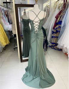 批发鼠尾草绿色刺绣亮片紧身胸衣手褶结蕾丝背美人鱼长裙舞会晚礼服2025 - Product Image 5