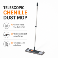 Balai à poussière télescopique en chenille, attrape la poussière et les cheveux, tampon à dégagement rapide, tête pivotante, tampon lavable, manche réglable, pour la maison