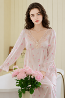 Robe de pyjama longue à manches longues en satin tissé floral style français, col en V, pour femme, nouvelle collection printemps, douce et féerique, mi-longue