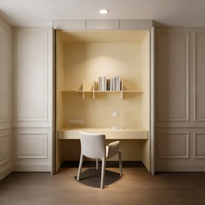 Bibliothèque à portes coulissantes avec bureau dissimulé, <span class=keywords><strong>commode</strong></span> en bois crème - Personnalisable OEM - Product Image 1