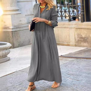 Vestido Camisero Maxi Acampanado de Manga Larga con Cuello en V para Mujer, Tallas Grandes, Color Sólido, Casual, con Bolsillos, Ideal para Dropshipping en Shopify - Product Image 1