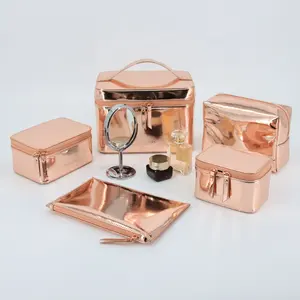 Factory Custom Rose Gold Vegan PU Leather Cosmetic Vanity Bag Case Women girls Storage Travel Toiletry Makeup Bag