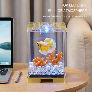 Pecera de escritorio JSD para peces Betta, acuario pequeño apilable de acrílico con luz LED, tapa de mosaico, mini pecera para Guppy y peces pequeños - Product Image 3