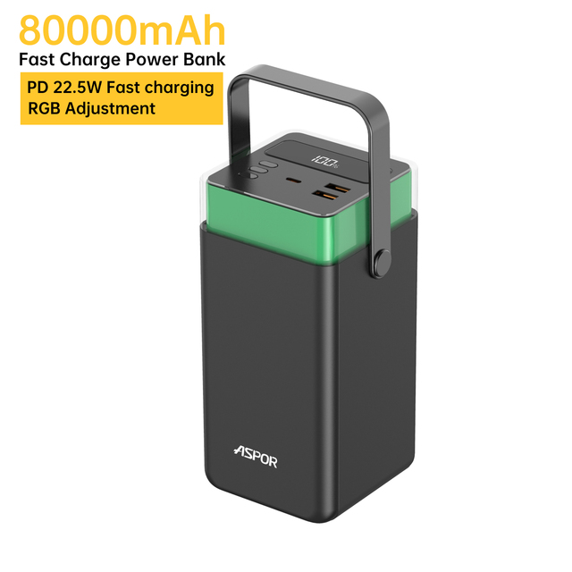 For A395 High Capacity 80000mAh Power Bank with Built-in Cables Fast Charging LCD Display 5 Out/2 USB Ports