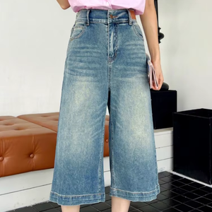 Jeans pour femmes grandes tailles, bleu clair, longueur <span class=keywords><strong>7</strong></span>/<span class=keywords><strong>8</strong></span>, style grand-mère, écologiques, respirants, séchage rapide, <span class=keywords><strong>taille</strong></span> haute, jambe large, tissu extensible en denim - Product Image 1