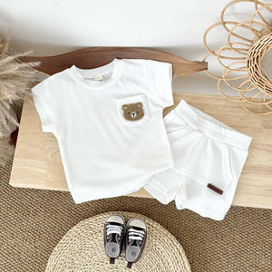 Set pakaian musim panas anak laki-laki, baju olahraga beruang 2 potong, baju celana pendek kaus balita perempuan bersirkulasi - Product Image 3