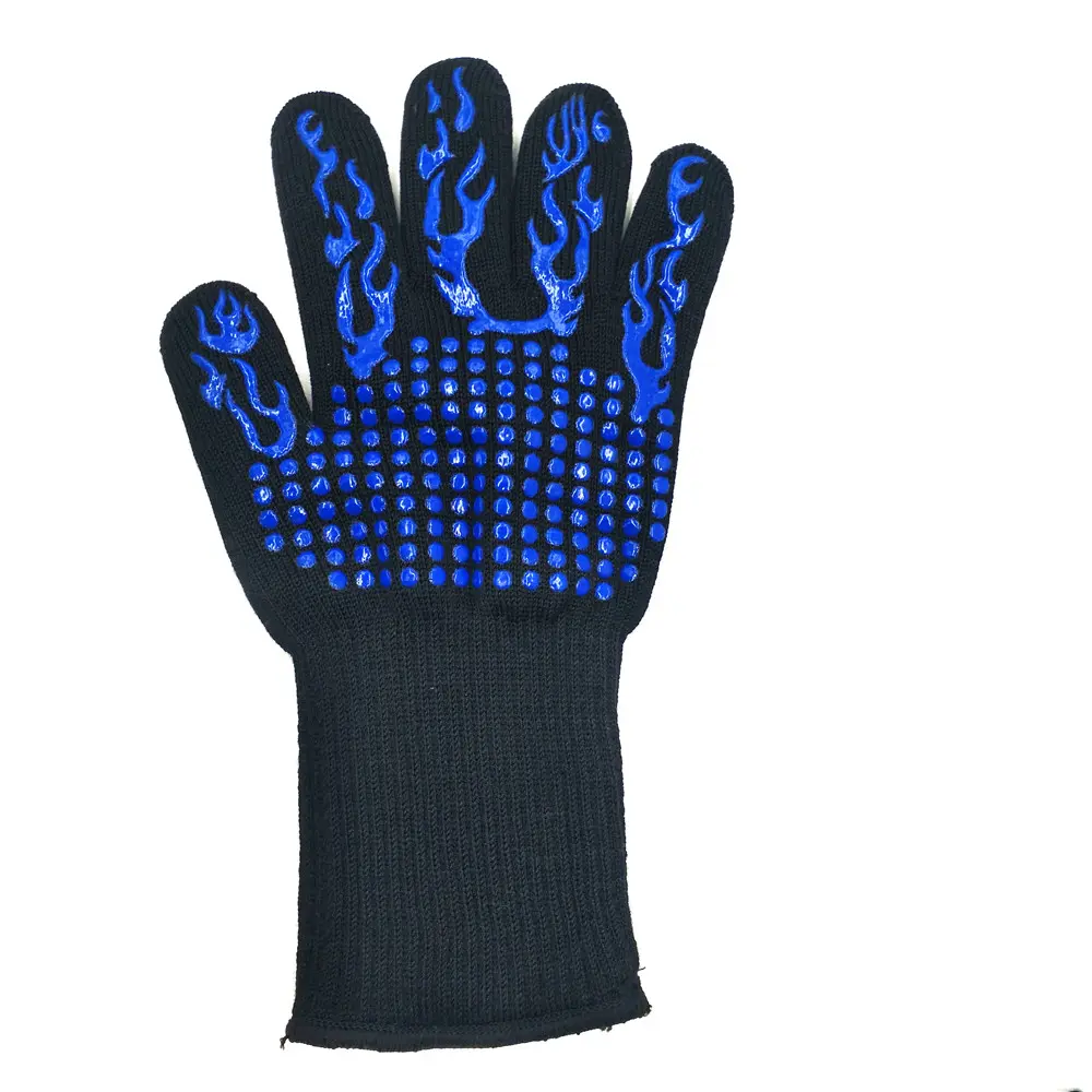 Non slip Silicone Coated Oven Barbeque Gloves Heat Resistant Grill BBQ Gloves Blue Fire