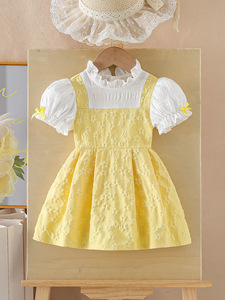 Abito Carino per Bambina 2026 <span class=keywords><strong>Bianco</strong></span> Giallo Manica Corta Patchwork Vestito con Maniche a Sbuffo - Product Image 5