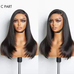 12A Grade Virgin Hair Layered Cut Silky Straight Human Hair Wigs Mid Side C Part, Highlight Colored Closure Glueless Wig