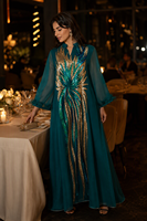 Robe longue modeste de luxe en polyester avec broderie de sequins, col montant et manches transparentes, idéale pour l'Aïd, les mariages et les grandes occasions (Abaya)