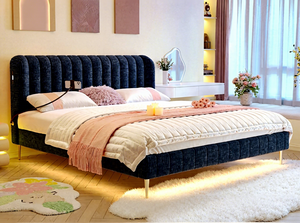 Lit de style nordique moderne en cuir de luxe léger, écologique, taille Queen/King, couleur crème, pour chambre principale - Product Image 3