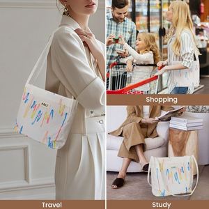 Bolso Bandolera de Lona Texturizada Personalizada con Estampado de Ondas Coloridas, Bolso de Compras Casual Diario, Bolso de Hombro con Asa para Mujer - Product Image 5
