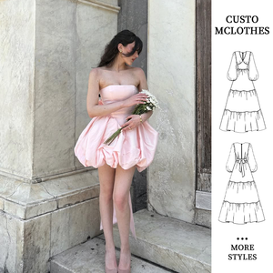 Abito Formale Mini da Donna di Alta Qualità in Raso Rosa Senza Spalline con Gonna a Palloncino e Decorazioni in Pizzo Design Intrecciato Personalizzato Tinta Unita Naturale - Product Image 1