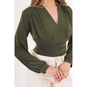 Chemisier en satin de soie pour femme, style vintage, avec logo brodé, col en V, drapé sur la poitrine, disponible en taille XL pour le bureau - Vente en gros - Product Image 3