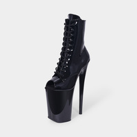 Bottines à plateforme sexy en cuir PU noir verni imperméable à bout ouvert de 9 pouces (23 cm)
