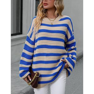 Pull en maille rayé oversize pour femme, col rond, manches longues, coupe ample, color block, anti-boulochage, décontracté, automne - Product Image 3