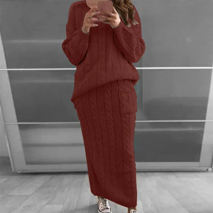 Supplier Wholesale Ladies Sweater Suit Autumn and Winter Women's Solid Color Knitted Sweater Long Skirt Two Piece Set