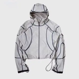 Desain baru kustom tahan air nilon jaket penahan angin dengan garis dan disesuaikan Hem tersembunyi ritsleting kantong samping