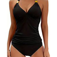Baju Renang Tankini Warna Solid Grosir dengan Kerah V dan Ikat Leher, Dua Potong, untuk Fitness