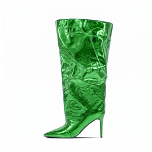 Metallic PU Slouchy Knee High <strong>Boots</strong> for Women Wide Calf Pointed Toe Stiletto Heel 8.5CM Drawstring Pull on Plus Size 35-47 - Product Image 4