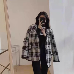 Women's Tweed Coat Black And White Checkered Medium Thickness Woven Fabric Autumn Winter Casual Loose Fit - Product Image 2