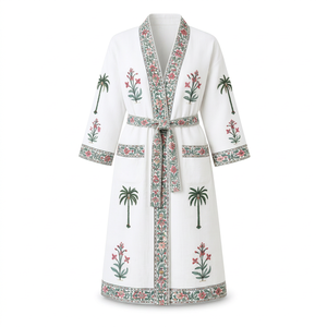 Bata Kimono de Algodón Blanco Tropical con Bordado de Palmeras, Bata de Baño Larga para Mujer, Vestido de Dama de Honor, Ropa de Estar por Casa - Product Image 1