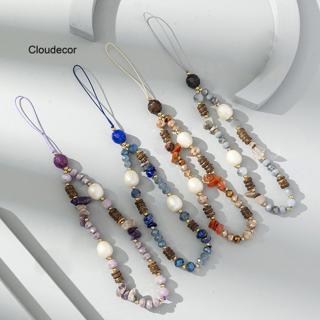 Handmade Holiday Style Beaded Phone Charm New Bohemia Irregular Natural Stone Phone Pendant Crystal Pearl Mobile Phone Strap