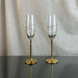 200ml Gold Electroplating Stem Diamond Chain Surround Crystal Champagne Glasses Goblets Wedding Flutes