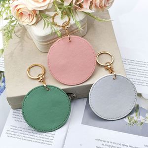 Smooth Cross Texture Key Pendant Blank Key Holder <b>Keyring</b> Round PU Leather Keychain for DIY Craft Birthday Gift - Product Image 2