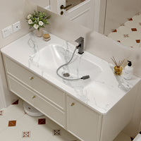 Nouvel ensemble de meubles de salle de bain de luxe moderne avec vasque intégrée en dalle de roche, vasque cintrée à chaud, meuble-lavabo en bois de caoutchouc massif et miroir, caractéristiques imperméables