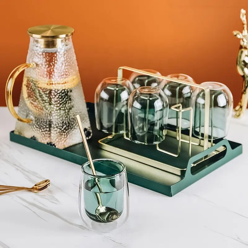 Handmade Tùy Chỉnh Rõ Ràng Glass Water Pitcher Với Xử Lý Nước Uống Jug & Blue Đôi Tường Thủy Tinh Set